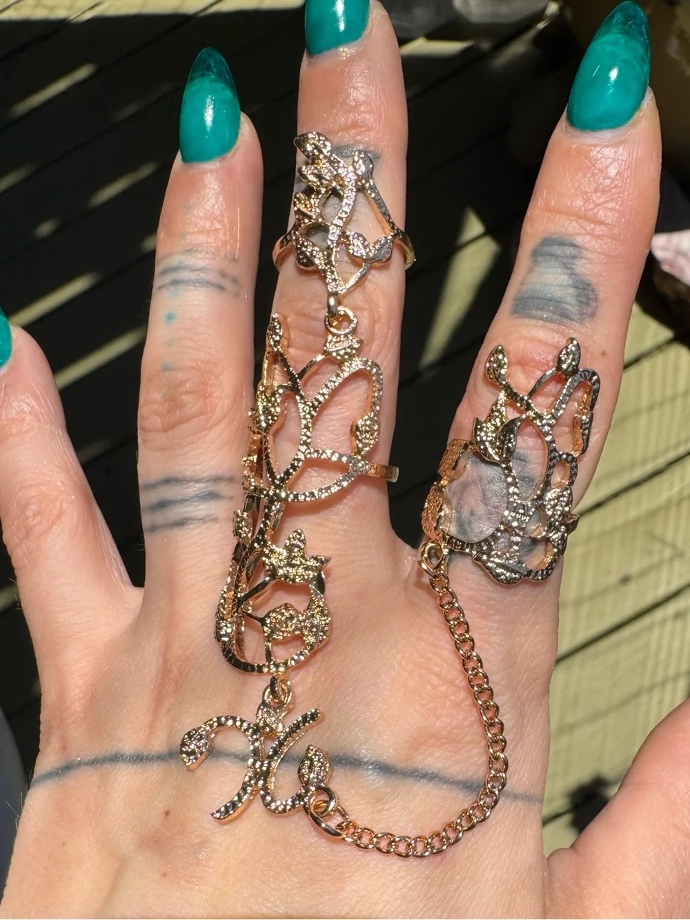 Gold Leaf Hand Chain Double Ring